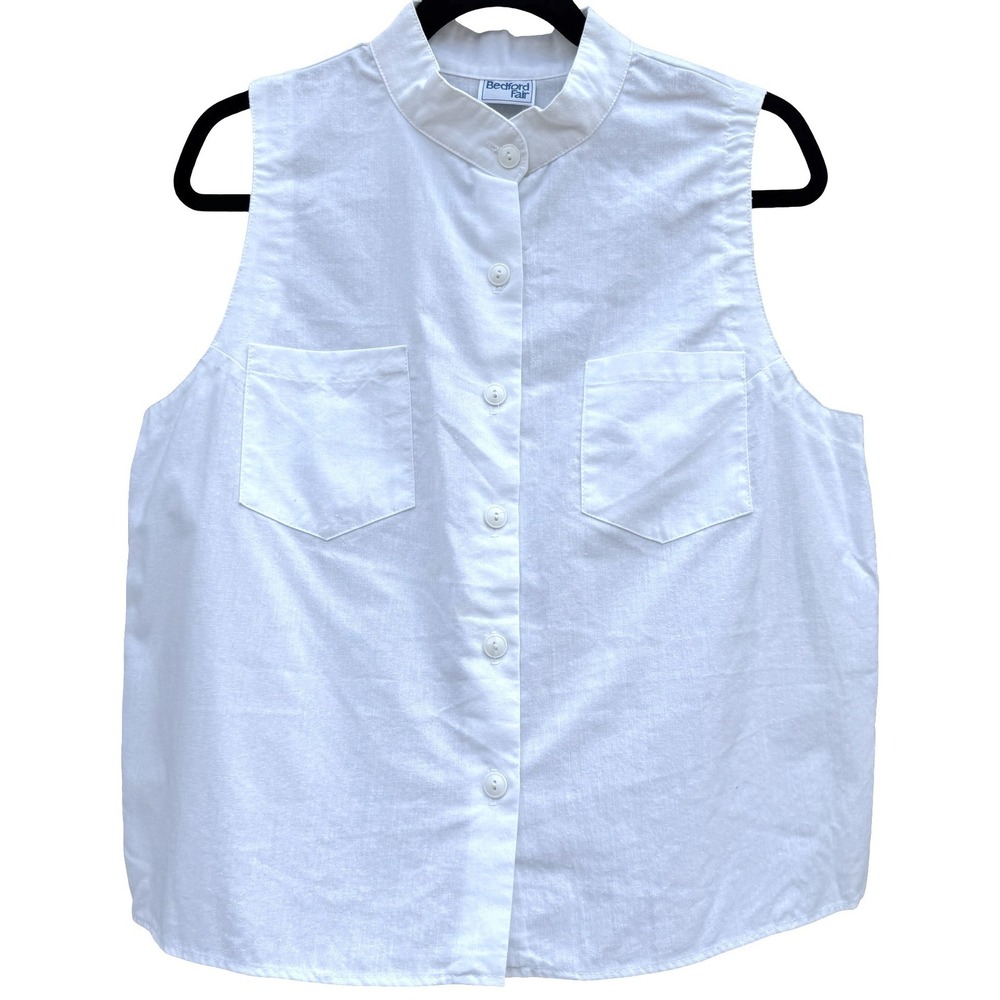 Bedford Fair Vintage 80s Minimalist Coastal Sleeveless Shirt Mandarin Collar L